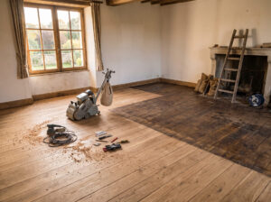Parquet ancien en cours de restauration, ponçage du bois brut