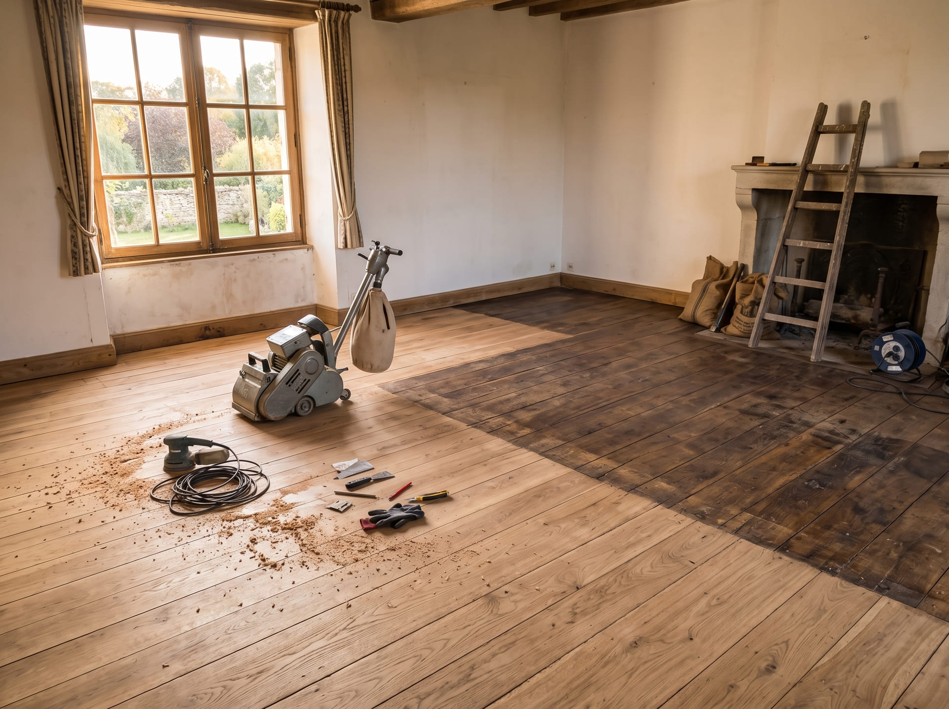 Parquet ancien en cours de restauration, ponçage du bois brut