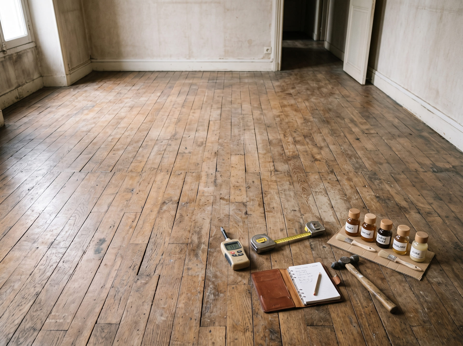 Sol en parquet ancien avant travaux de rénovation, bois terni et rayé