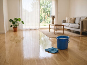 Technicien nettoyant un parquet en bois avec une machine adaptée