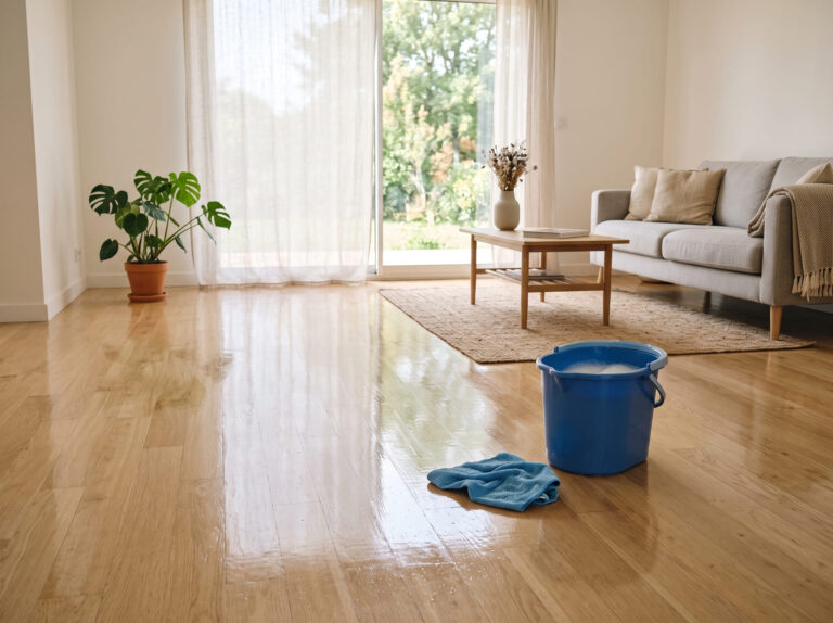 Technicien nettoyant un parquet en bois avec une machine adaptée
