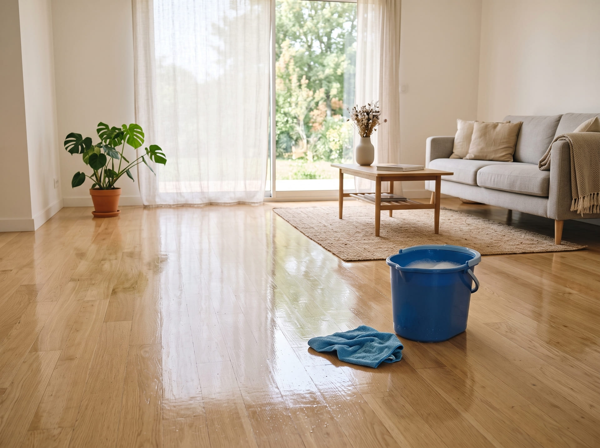 Technicien nettoyant un parquet en bois avec une machine adaptée